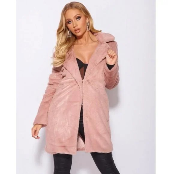 Pink Faux Fur Long Sleeve Lapel Collar Loose Fit Oversized Coat - Picture 12 of 17